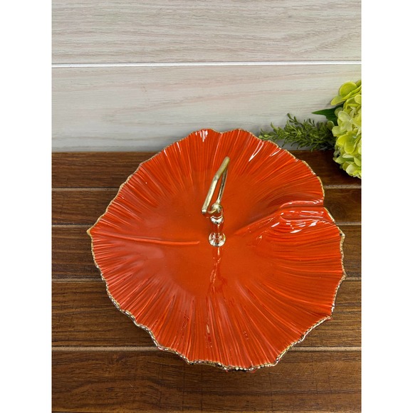Vintage Funky Orange and Gold California Pottery Tidbit Tray / Sandwich Platter - Picture 3 of 8